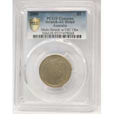 AUSTRALIA 2000 . ONE 1 DOLLAR COIN . ERROR . MULE . STRUCK ON TEN CENT